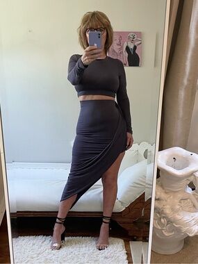 FASHION NOVA TWO PIECE SKIRT SET GREY GRAY FAUX WRAP SKIRT CROP TOP LONG SLEEVE